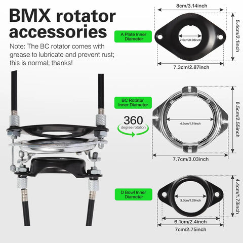 Gyro Brake Cables Front And Rear Kit With Spinner Rotor For 20 Inch Bikes dimensions and components displayed