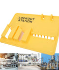Lockout Tagout Station For Industrial Safety Deformation Proof Fifteen Point Two By Eleven Point Four Inches Tough As Nails PC Build Bright Safety Yellow Visibility Rugged Wall Mount Organizer For OSHA Compliance, angled view