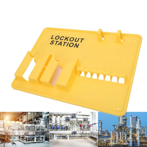 Lockout Tagout Station For Industrial Safety Deformation Proof Fifteen Point Two By Eleven Point Four Inches Tough As Nails PC Build Bright Safety Yellow Visibility Rugged Wall Mount Organizer For OSHA Compliance, angled view