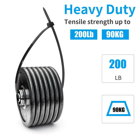 16 Inch Black Heavy Duty Zip Ties 100 Pack 200 Lbs Ultra Strong Plastic Cable Ties shown holding heavy weights