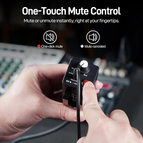 Person using One-Touch Mute Control on Wired In-Ear Monitor Amplifier With XLR And TRS Inputs, Mono And Stereo Modes