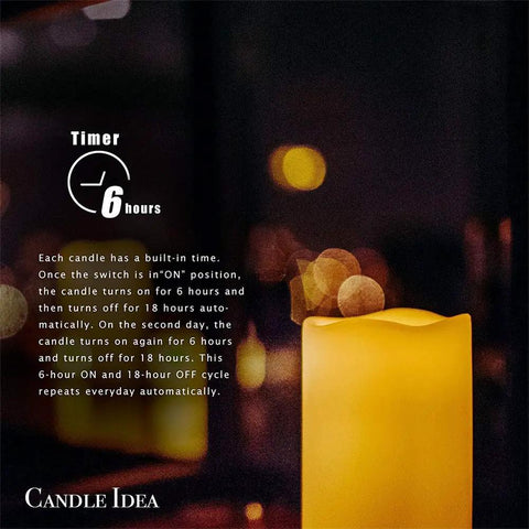 Set Of 3 Waterproof LED Flameless Pillar Candles With Timers For Outdoor Vibe 4 Inch 5 Inch And 6 Inch Tall displayed with timer detail