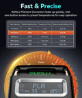 Must Have Filament Connector Splicer Kit With PTFE Sleeve display showing PLA settings and temperature guide