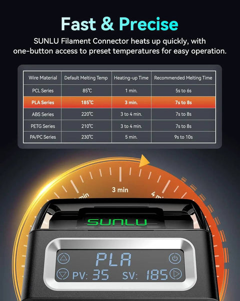 Must Have Filament Connector Splicer Kit With PTFE Sleeve display showing PLA settings and temperature guide