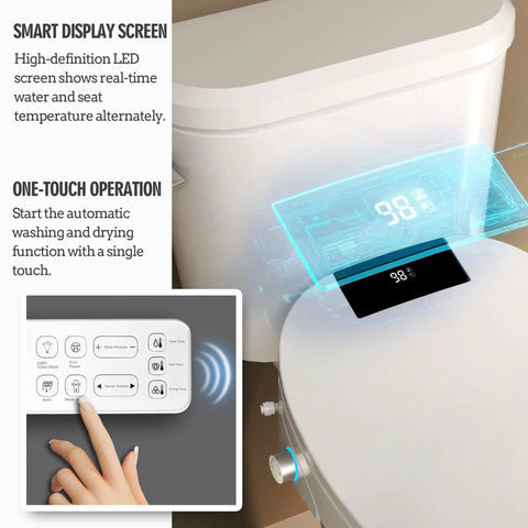 Upgraded Elongated Bidet Toilet Seat With Adjustable Warm Wash And Hot Air Dryer Featuring Self Cleaning Nozzle And Smart Remote for real-time display.