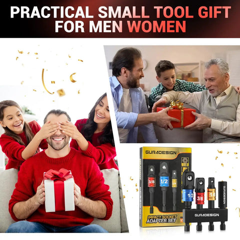 Family gifting an 8 Piece Impact Socket Adapter Set For Drill With Quarter Inch, Eighth Inch, And Half Inch Hex Shanks, Chrome Vanadium, DIYers.