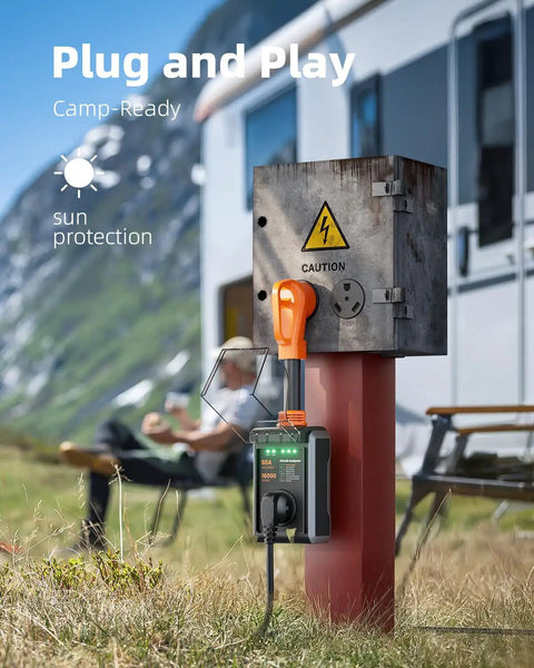 50 Amp RV Surge Protector With 16000 Joules, Waterproof Cover, Circuit Analyzer, outdoor use near camper