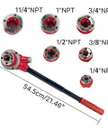 Ratcheting Pipe Threader Kit With Six Dies One Quarter Inch To One And One Quarter Inch Workhorse Ergonomic Handle Durable Plumbing Tool Set For Quick Clean Pipe Threading At Home Or On The Job showing six die sizes and handle
