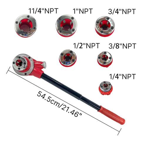 Ratcheting Pipe Threader Kit With Six Dies One Quarter Inch To One And One Quarter Inch Workhorse Ergonomic Handle Durable Plumbing Tool Set For Quick Clean Pipe Threading At Home Or On The Job showing six die sizes and handle