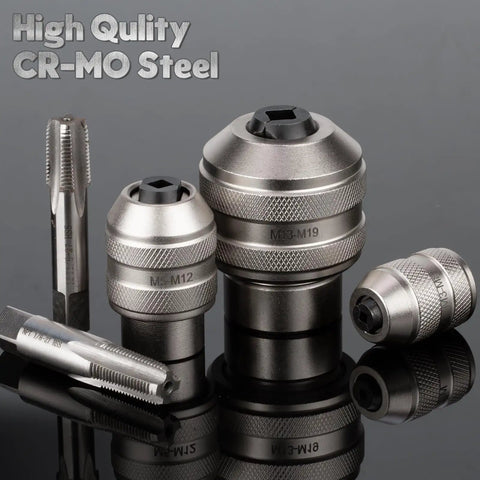 Heavy Duty Tap Socket Set With Adjustable Handle 6 Piece CR MO Steel Kit Including Metric M3 To M19 Sockets and adapters.