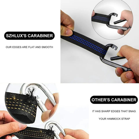 Comparison of carabiners with Tree Hammock Straps Set Of 2 10 Feet Long With 38 Loops And 2 Carabiners showing smooth vs sharp edges