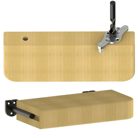 Precision Dowel Jig Kit For Floating Shelves Includes Half Inch Drill Bit mounted on a wooden plank for easy drilling.