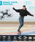 Person skateboarding with Foldable 1080P Camera With Remote Control Gesture Selfie Voice Control Altitude Hold Drone hovering nearby.
