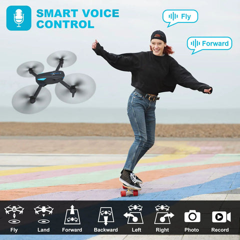 Person skateboarding with Foldable 1080P Camera With Remote Control Gesture Selfie Voice Control Altitude Hold Drone hovering nearby.