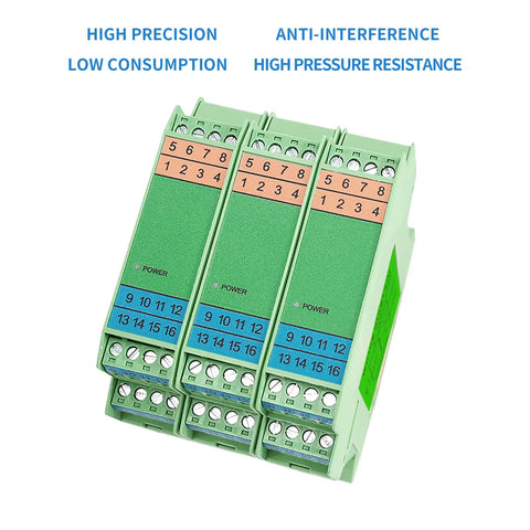 DC 24V Signal Isolator For PLC With One Input And Two Analog Outputs And 4 20 mA Signal Conditioning Module shown in green rail mount