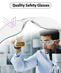 Heavy Duty Clear Safety Glasses For Guys Ansi Z87.1 Polycarbonate Eye Shields worn by a man in a lab, examining liquids.