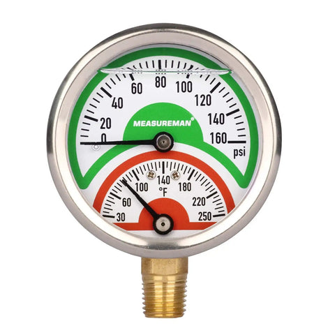 Tridicator Thermo Manometer With Silicone Oil Fill, Two And A Half Inch Dial, Stainless Steel Case, 0 To 160 Psi And 30 To 250 F