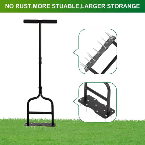 Manual Lawn Aerator With Eleven Iron Spikes For Easy Soil Breakup And Coreless Aeration on grass with detail insets