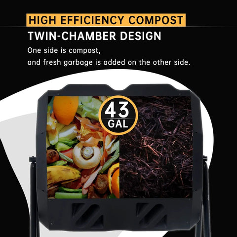 Dual Chamber 43 Gallon Compost Tumbler With Sliding Doors, BPA Free Rotating Batch System For All Season Outdoor Use In Orange