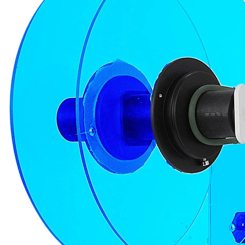 Detailed view of components of Mt 50 Semi Automatic Bottle Labeling Machine with blue discs and electrical parts.