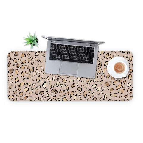 Leopard Print Large Gaming Mouse Pad For Home Office Desk Setup, Oversized 31.5 X 11.8 Inch Laptop And Keyboard Mat with laptop and coffee