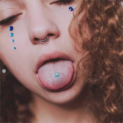 Dope Mixed Color 14G Stainless Steel Straight Barbell Tongue Ring Set Five Eighth Inch Length 23 Piece Acrylic Flexible Retainer Jewelry For Women And Men Hypoallergenic Safe All Day Comfort, close-up nose ring and tongue piercing