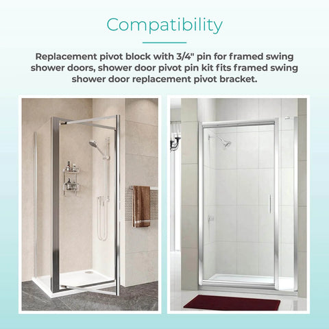 Shower Door Pivot Block With Three Quarters Inch Pin For Framed Swing Doors, shown installed in modern bathroom setting