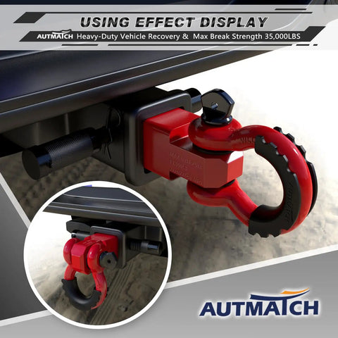 Heavy Duty 2 Inch Shackle Hitch Receiver Kit With Three Quarter Inch D Ring Shackle And Five Eighth Inch Trailer Hitch Lock Pin 45,000 Lbs Break Strength For Off Road Recovery Anti Theft Lock Red attached to vehicle