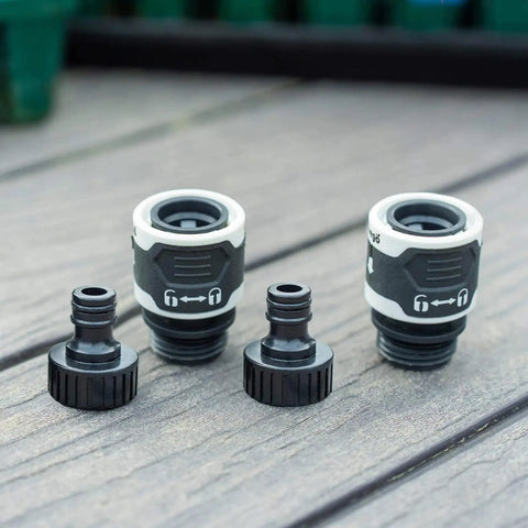 Front view of Garden Hose Quick Connector Set With Water Stop And Lock Quick Release Kit Universal Fittings And Adapters Set Of Four