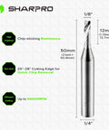 Sharpro O-flute upcut carbide router bit, side view; 1/4 inch shank, 1/8 inch cutting diameter, single flute.