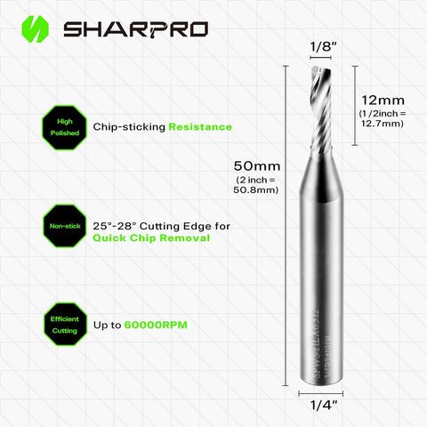Sharpro O-flute upcut carbide router bit, side view; 1/4 inch shank, 1/8 inch cutting diameter, single flute.