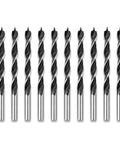 Ten-piece Brad Point Drill Bit Set 1/8 inch with double flutes for hardwood, plywood, and plastic, displayed in a row.