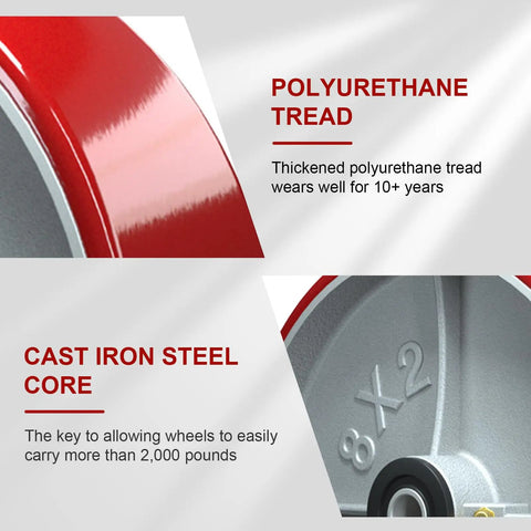 Close-up of Heavy Duty 8 Inch By 2 Inch Caster Wheels With Polyurethane On Steel Tread 1/2 Bore Up To 1500 Lbs Per Wheel