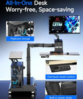 Level Up Your Setup With One Touch Electric Height Adjustable Mobile Gaming Desk Featuring Floating Shelf, showing pegboard storage, smart controls, and built-in power strips.