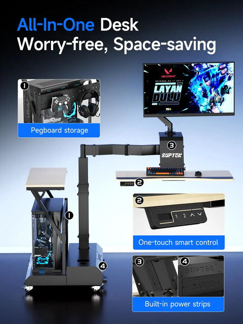 Level Up Your Setup With One Touch Electric Height Adjustable Mobile Gaming Desk Featuring Floating Shelf, showing pegboard storage, smart controls, and built-in power strips.