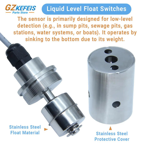 Liquid Level Float Switch With Self-Weighting, No Bracket Install, Vertical Slosh Guard, SS304 Stainless Steel, 7.6 ft cable