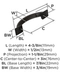 Diagram showing measurements of Oil Rubbed Bronze Cabinet Pull 3 Inch Center To Center 4 3/8 Inch Overall Length.