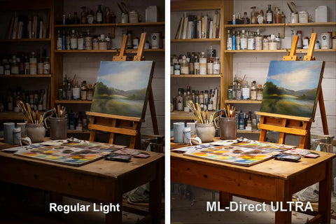 Comparison of regular light and ML-Direct ULTRA using Art Studio LED Smart Bulbs Six Pack With Remote, 1260 Lumens, True Color Lighting