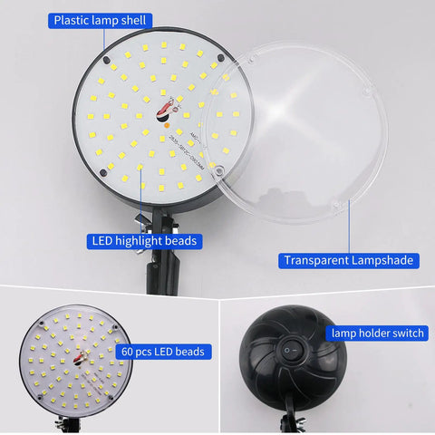 Close-up of Beast Mode Clamp Light, plastic lamp shell, transparent lampshade, 60 LED beads highlighted and labeled.