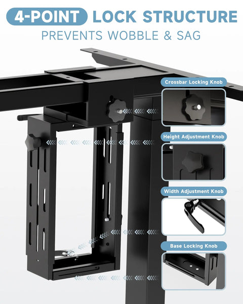 Close-up of the 4-point lock structure of the Heavy Duty Under Desk PC Mount Featuring Zero Drill Hassle for Adjustable Standing Workstations.