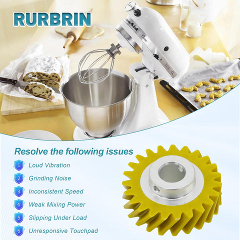 Upgraded Mixer Worm Gear Replacement For Whirlpool And KitchenAid Stand Mixers shown next to dough and cookies