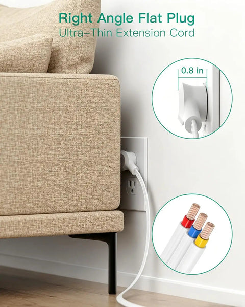 Dope 12 Outlet Surge Protector Power Strip With 3 Side Design Wall Mount Flat Plug 5 Foot Cord in use behind a sofa