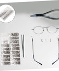 Assorted Eyeglass Repair Screws Kit For Sunglasses And Watches with tools and metal fasteners in a portable set for quick repairs.