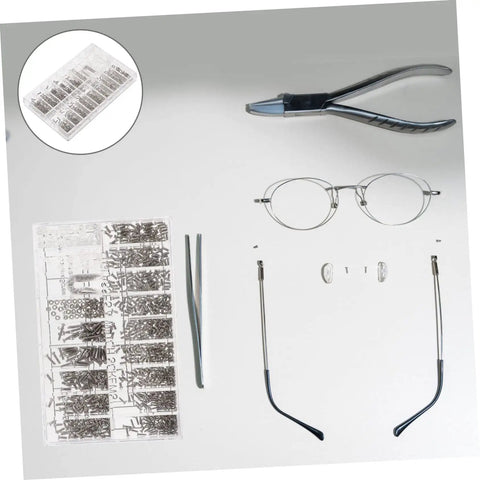 Assorted Eyeglass Repair Screws Kit For Sunglasses And Watches with tools and metal fasteners in a portable set for quick repairs.