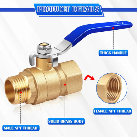Full Port Three Quarter Inch Beefy Brass Ball Valve 2 Pack with NPT Male To Female full flow, blue handle, and brass body