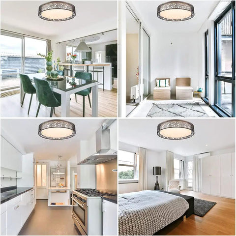 Flush Mount LED Ceiling Light Fixture 14 Inch 20W 1400 Lumens Warm White in modern kitchen, living room, and bedroom.