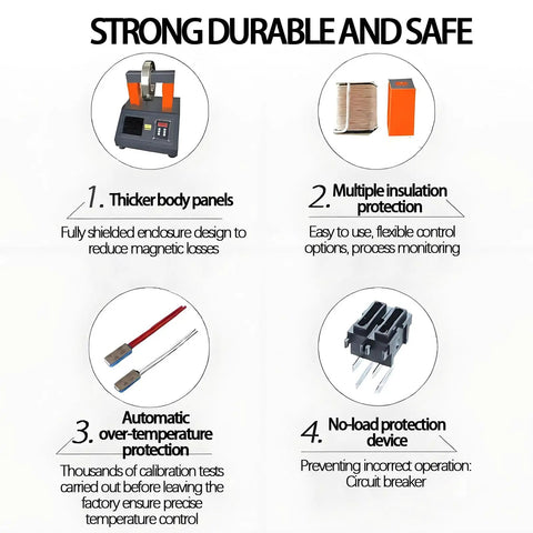 Features of Portable Induction Bearing Heater With Digital Temperature Control, highlighting safety and durability aspects.