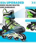 Adjustable Inline Skates For Kids And Teens With Light Up Wheels, 3 Sizes S M L, indoor outdoor shoes for girls and boys in green