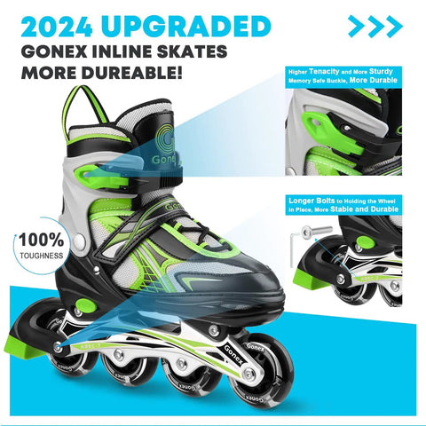 Adjustable Inline Skates For Kids And Teens With Light Up Wheels, 3 Sizes S M L, indoor outdoor shoes for girls and boys in green