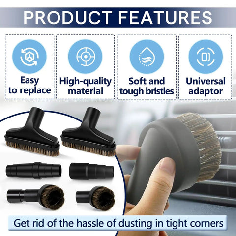 Seven Piece Horse Hair Vacuum Attachment Set With Round Dusting Brush Attachments And Adapters For Most Vacs includes product features.